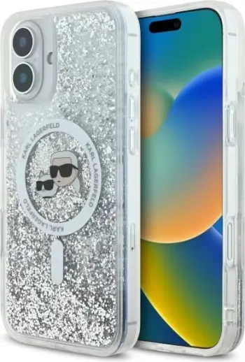 Mbështjellës Karl Lagerfeld Liquid Glitter Karl Head MagSafe për iPhone 16 Plus, Transparent