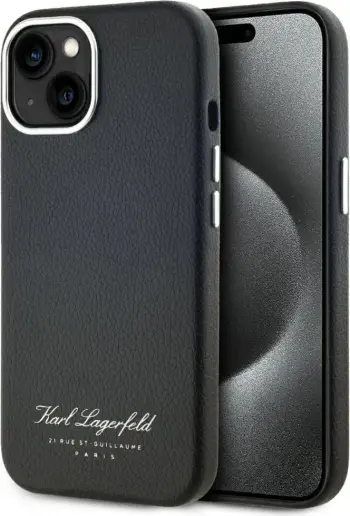 Mbështjellës Karl Lagerfeld Hotel RSG për iPhone 15, lëkurë ekologjike, i zi