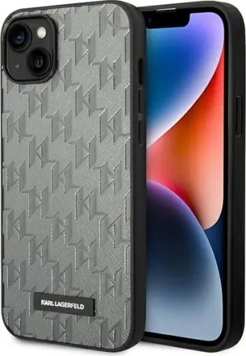 Mbështjellës telefoni Karl Lagerfeld Saffiano Mono Metal Logo për iPhone 14 Plus 6.7", hardcase, gri