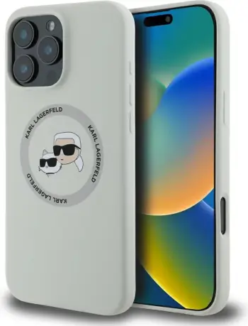 Mbështjellës Karl Lagerfeld Silicone Double Heads And Circle MagSafe për iPhone 16 Pro Max, bezhë
