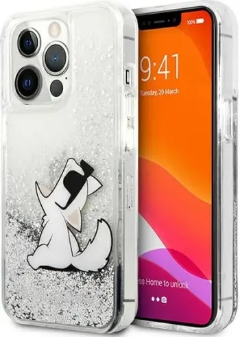 Mbështjellës Karl Lagerfeld KLHCP13XKICGLS për iPhone 13 Pro Max 6.7", hardcase, argjendtë, Liquid Glitter Karl & Choupette Head