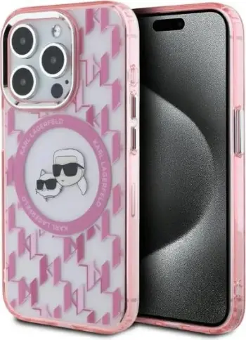 Mbështjellës Karl Lagerfeld IML Monogram Karl & Choupette Head MagSafe për iPhone 15 Pro, vjollcë