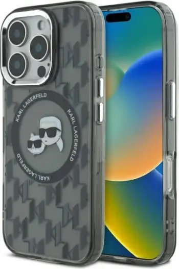 Mbështjellës Karl Lagerfeld IML Monogram Karl & Choupette Head MagSafe për iPhone 16, Zi