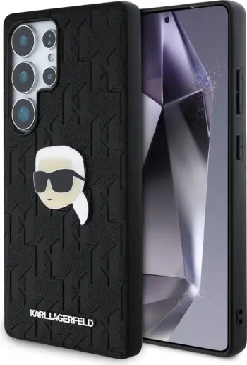 Mbështjellës Karl Lagerfeld Leather Monogram Pin Logo Karl Head për Samsung Galaxy S25 Ultra, Zi