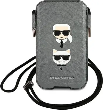 Çantë telefoni Karl Lagerfeld Karl &amp; Choupette Head, deri 6.7", lëkurë eko Saffiano, gri