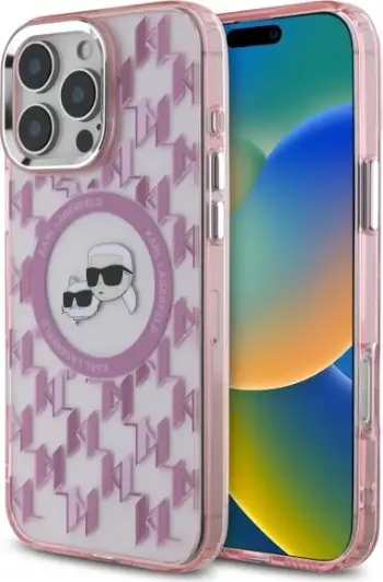 Mbështjellës Karl Lagerfeld IML Monogram Karl & Choupette Head MagSafe për iPhone 16 Pro Max, Zi