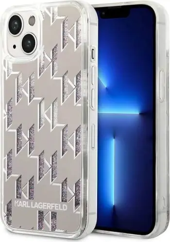 Kutia mbrojtëse Karl Lagerfeld Liquid Glitter Monogram për iPhone 14 Plus 6.7", hardcase TPU PC, argjendtë