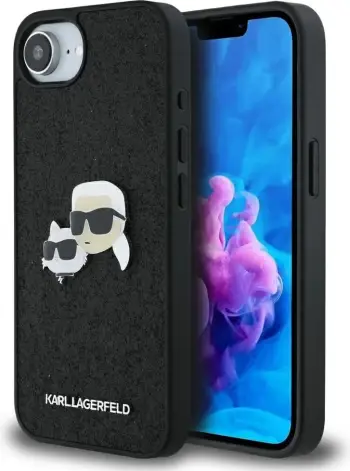 Mbështjellës Karl Lagerfeld Fixed Glitter Karl&Choupette Heads Metal Pin për iPhone 16e, i zi
