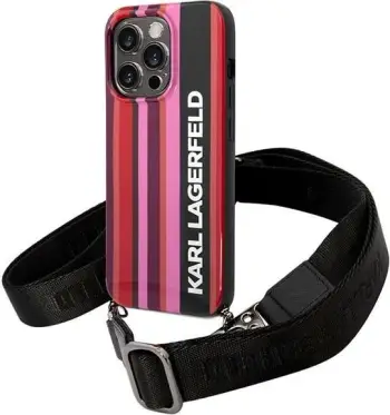 Mbështjellës Karl Lagerfeld KLHCP14XSTSTP për iPhone 14 Pro Max, hardcase, me rrip, rozë