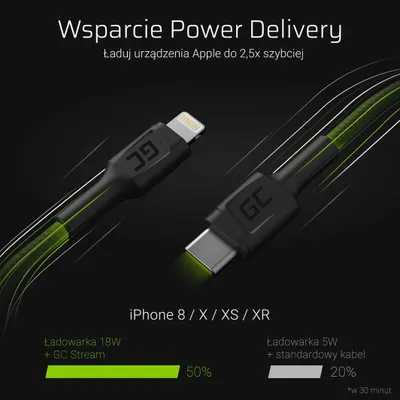 Kabllo USB Green Cell, USB-C në Lightning, 1m, e zezë - 2