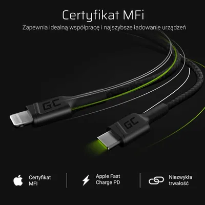 Kabllo USB Green Cell, USB-C në Lightning, 1m, e zezë - 3