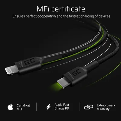 Kabllo USB Green Cell, USB-C në Lightning, 1m, e zezë - 4