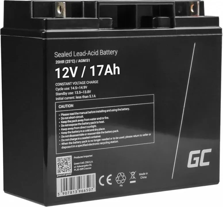 Bateri veture Green Cell AGM51, 17 Ah, 12 V, e zezë - 2
