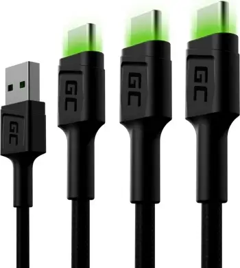 Set kabllo Green Cell Ray USB-C 120cm, LED e gjelbër, karikim i shpejtë, 3 copë
