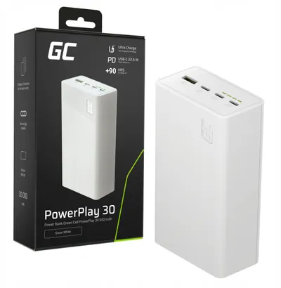 Powerbank GreenCell PowerPlay 30, 30000mAh, ekran LED, i bardhë - 1