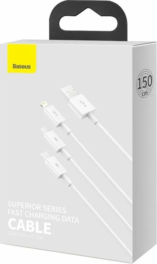 Kabllo BASEUS Superior 3në1, USB-A - USB-C/micro USB/Lightning, 1.5m, e bardhë - 5