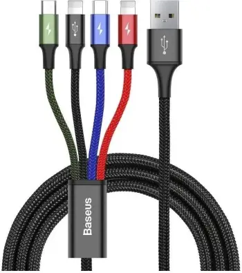 Kabllo Baseus USB-A - USB-C + microUSB + 2x Lightning, 1.2m, e zezë