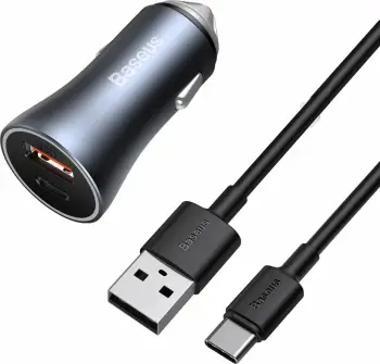 Karikues për veturë Baseus Golden (CCJD-0G), 1x USB-A, 1x USB-C, 3 A, i hirtë
