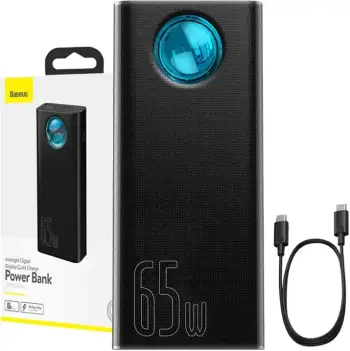 Powerbank me ekran dixhital Baseus Ambilight Overseas Edi QC, 30000mAh, 100W, i zi + kabllo USB-C/USB-C 1m, e zezë