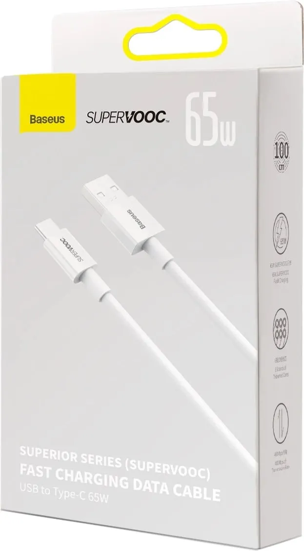 Kabllo Baseus Superior Series SUPERVOOC USB-A në USB-C 65W, 1m, Bardhë - 5