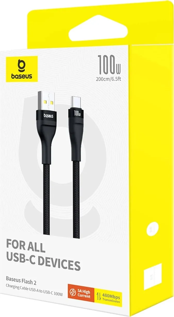 Kabllo Baseus Flash 2, USB-A në USB-C, 1m, 100W, e zezë - 7