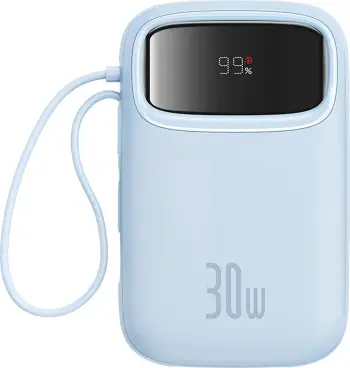 Powerbank Baseus QPow 2, 10000mAh, 30W, me kabllo USB-C të integruar, Kaltër