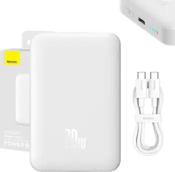 Powerbank Baseus Magnetic Mini 10000mAh, USB-C PD 20W / MagSafe 15W, i bardhë, me kabllo USB-C