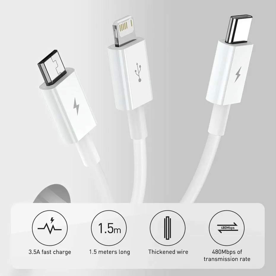 Kabllo 3-në-1 Baseus Superior, USB-C / Lightning / micro USB, 1.5m, Blu - 11