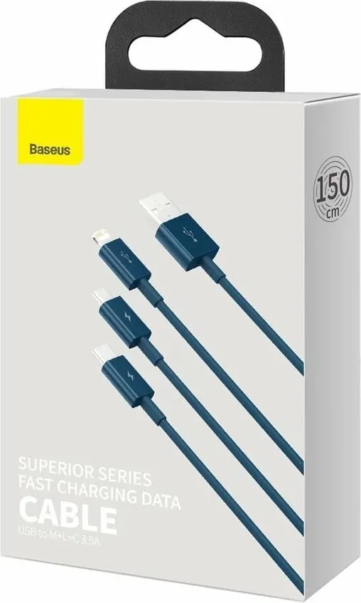 Kabllo 3-në-1 Baseus Superior, USB-C / Lightning / micro USB, 1.5m, Blu - 5