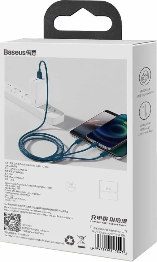 Kabllo 3-në-1 Baseus Superior, USB-C / Lightning / micro USB, 1.5m, Blu - 6