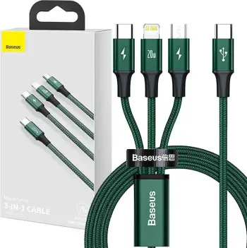 Kabllo 3-në-1 Baseus Rapid Series CAMLT-SC06, 1.5m, 20W, USB-C/Lightning/micro USB, e gjelbër