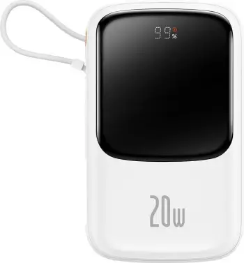Power bank Baseus Qpow, 10000mAh, 20W, me kabllo Lightning të integruar, Bardhë