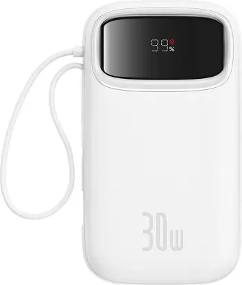 Power bank Baseus QPow 2, 20000mAh, 30W, me 2 kabllo USB-C të integruara, Bardhë