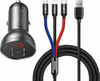 Karikues veture Baseus TZCCBX-0G, 2x USB, 24W, me ekran LCD + kabllo 3-në-1 USB-C/micro USB/Lightning, 1.2m, zi