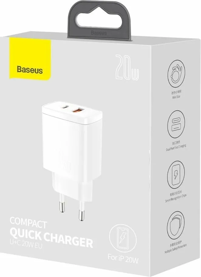 Karikues muri Baseus CCXJ-B02, 20W, 2 porta (USB-A & USB-C), i bardhë - 5