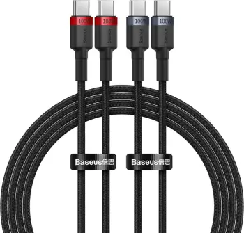 Kabllo USB-C në USB-C Baseus Cafule, 100W, 1m, set prej 2 copë, e zezë-kuqe dhe e zezë-hirtë