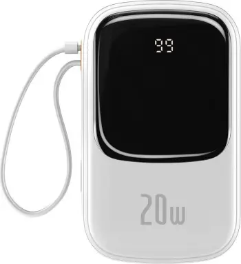 Power bank Baseus Qpow 20000mAh, 20W, me kabllo Lightning të integruar, Bardhë