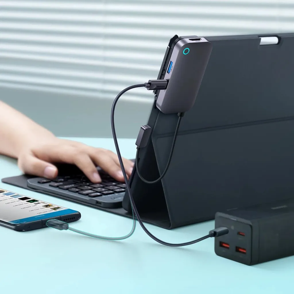 HUB Baseus PadJoy 6-në-1, USB-C, për tabletë/celular, Gri e errët - 12