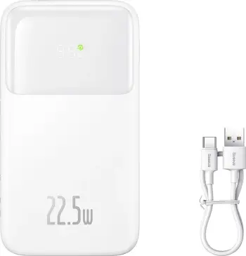 Powerbank Baseus Comet Series PPMD020002, 10000mAh, 22.5W, me ekran, me kabllo USB-C dhe Lightning, e bardhë