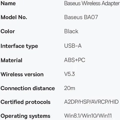 Adapter Bluetooth Baseus BA07, USB-A, Bluetooth 5.3, i zi - 20