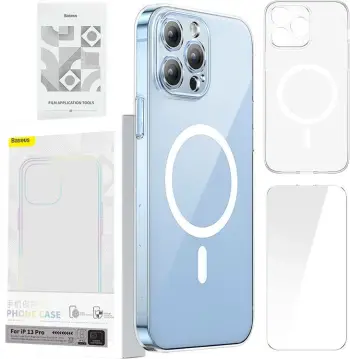 Mbështjellës Baseus Magnetic Crystal Clear për iPhone 13 Pro, transparent, me xham të fortë dhe set pastrimi