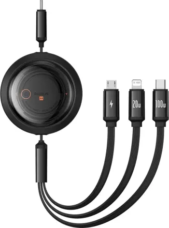 Kabllo karikimi 3-në-1 Baseus Free2Draw, 1.1m, 100W, USB-C/Lightning/microUSB, e zezë