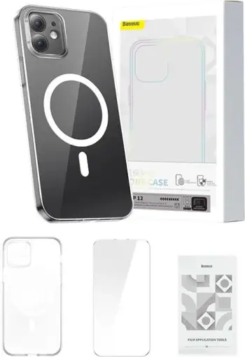 Mbështjellës Baseus Magnetic Crystal Clear për iPhone 12, transparent, me xham të temperuar dhe set pastrimi