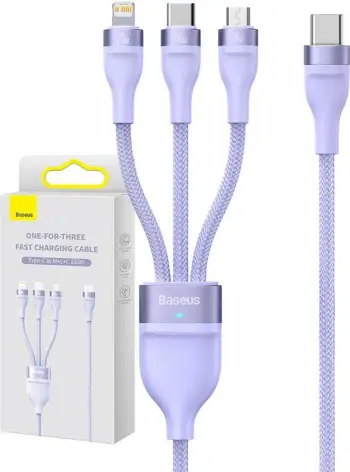 Kabllo 3-në-1 Baseus Flash Series 2, 1.2m, USB-C + micro USB + Lightning, 100W, vjollcë