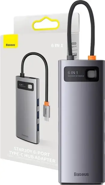Hub Baseus StarJoy Series WKWG080013, 6-në-1, USB-C në 3x USB 3.0, HDMI, USB-C PD, RJ45, Gri
