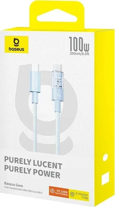Kabllo Baseus Gem USB-C në USB-C, 2 m, 100 W, Kaltër - 6