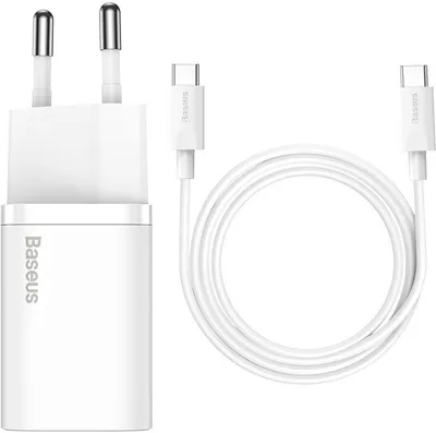 Karikues Baseus Super Si Quick 1C, USB-C, 25W, i bardhë + kabllo USB-C - USB-C, 3A, 1m, e bardhë - 1