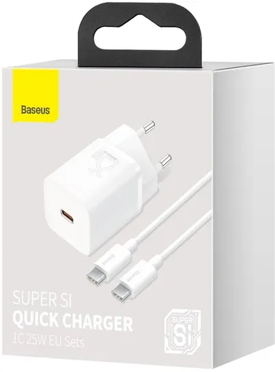 Karikues Baseus Super Si Quick 1C, USB-C, 25W, i bardhë + kabllo USB-C - USB-C, 3A, 1m, e bardhë - 8