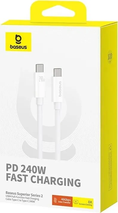 Kabëll USB C në USB C Baseus Superior, 1 m, 240 W, Bardhë - 2