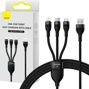 Kabllo Baseus 3w1 Flash II, USB-C + micro USB + Lightning, 66W, 1.2m, e zezë